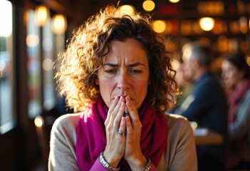 Woman with curly hair and a pink scarf appears worried or anxious in a cozy cafe setting