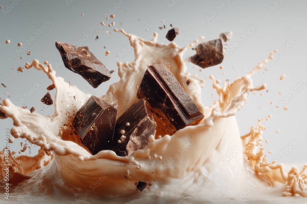 Poster a dynamic splash of creamy milk with chunks of rich dark chocolate, creating a visually delicious an