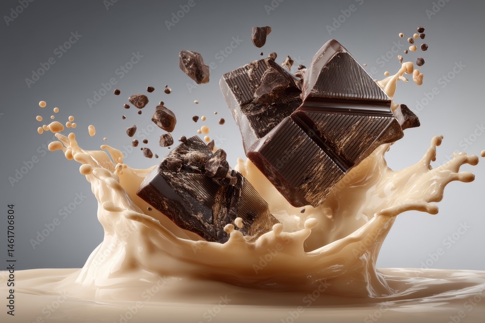 Poster a dynamic shot of dark chocolate chunks and pieces falling into a creamy liquid splash, creating a v