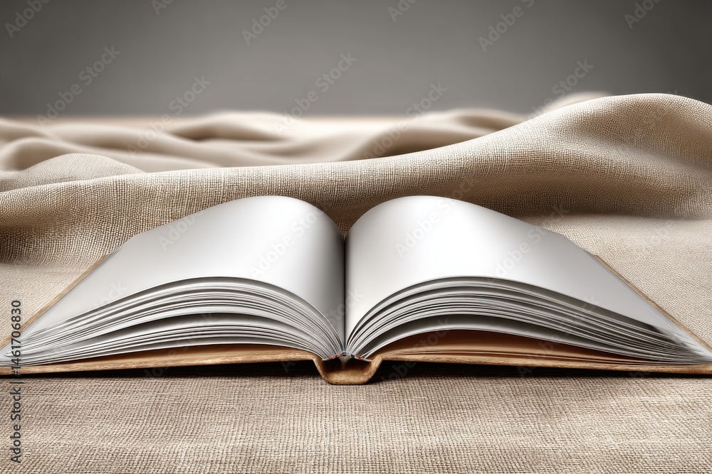 Poster open book with blank pages resting on a draped beige linen surface, ready for content and waiting fo