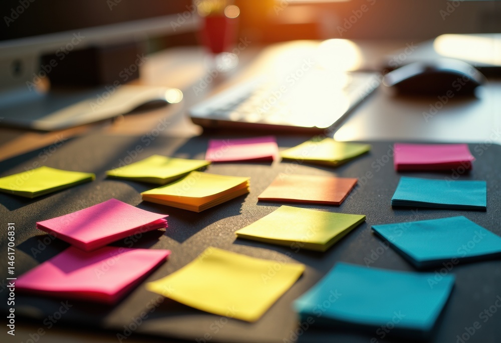Poster colorful sticky notes are scattered on a desk with a laptop and mouse in the background