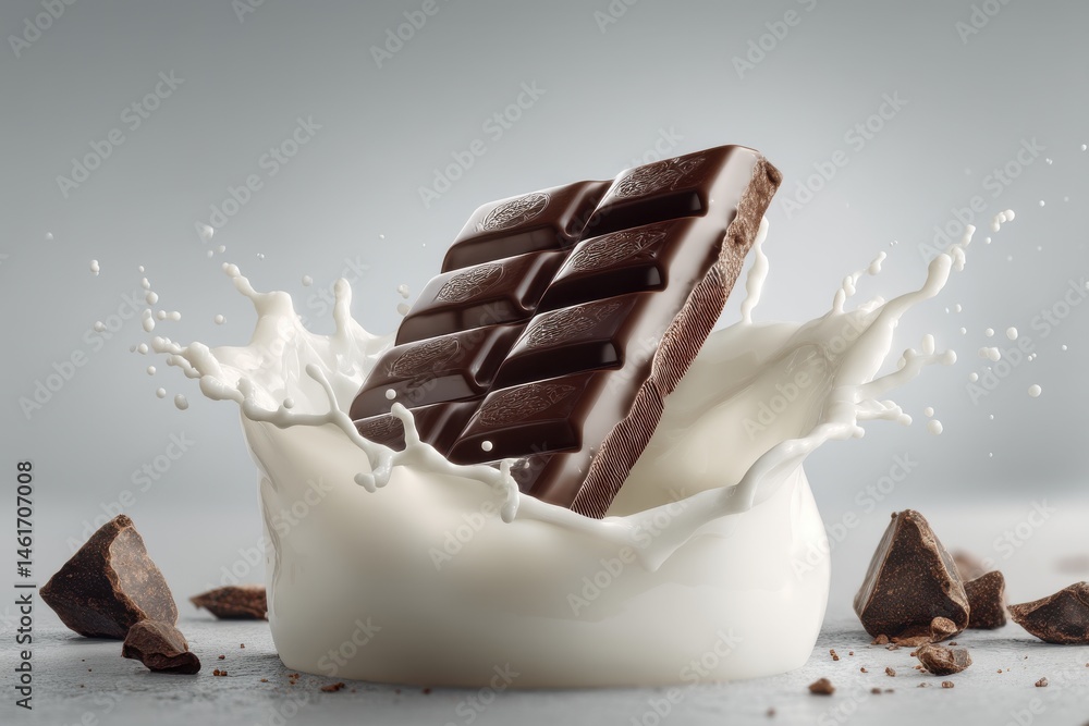 Poster a tempting dark chocolate bar falling into a bowl of milk, creating splash and surrounding by chocol