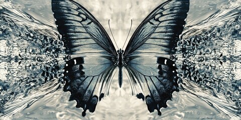 Central axis of molten silver, butterflies mirrored on either side, grainy film feel