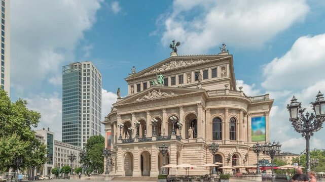 Hyperlapse of the Alte Oper (Old Opera) house in Frankfurt, a concert hall in Opernplatz. The square features a central fountain with people walking around, highlighting historic landmark timelapse