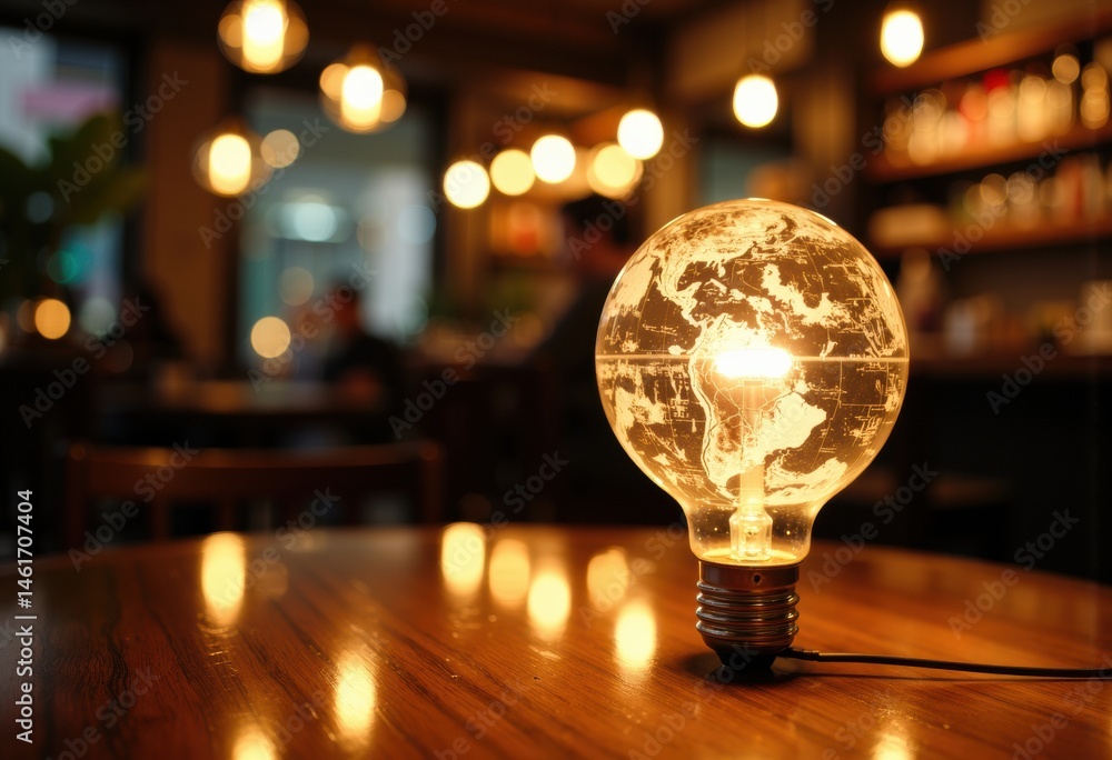 Poster an illuminated light bulb with a world map design glowing on a wooden table in a cozy cafe setting