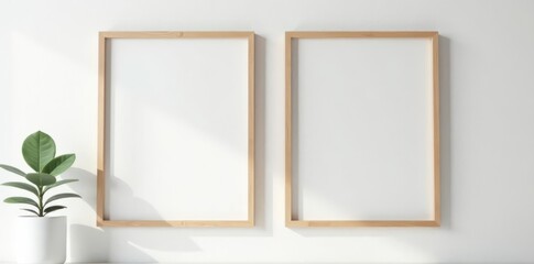 Fototapeta premium Two minimalist wooden frames on a white wall Ideal for art presentation , background, set