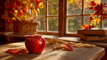 Autumn still life featuring a red apple, fallen leaves on a wooden table and a warm, cozy ambiance with natural light.