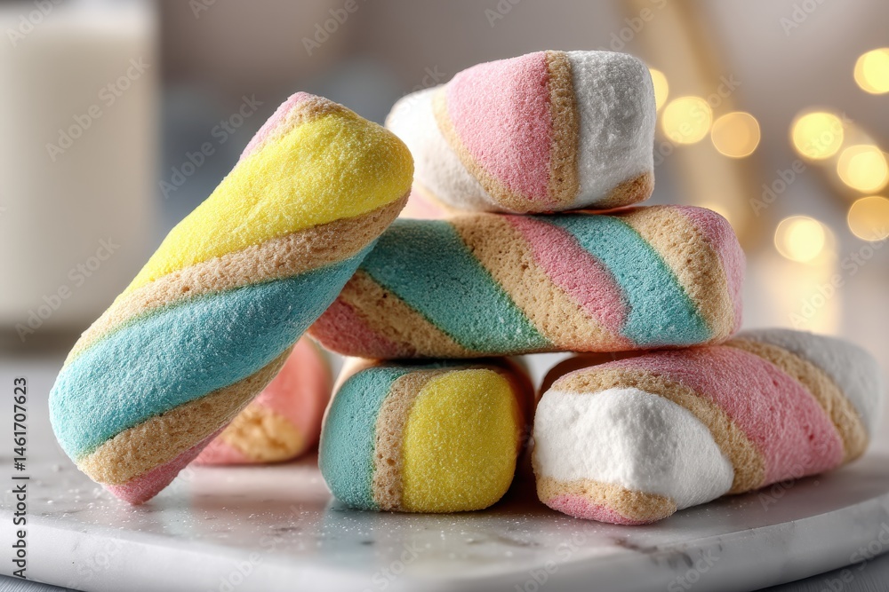 Poster close-up of colorful striped marshmallows stacked on a marble surface with blurred lights, creating 