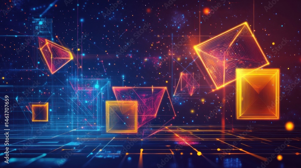 Poster abstract digital network with glowing geometric shapes and particles.