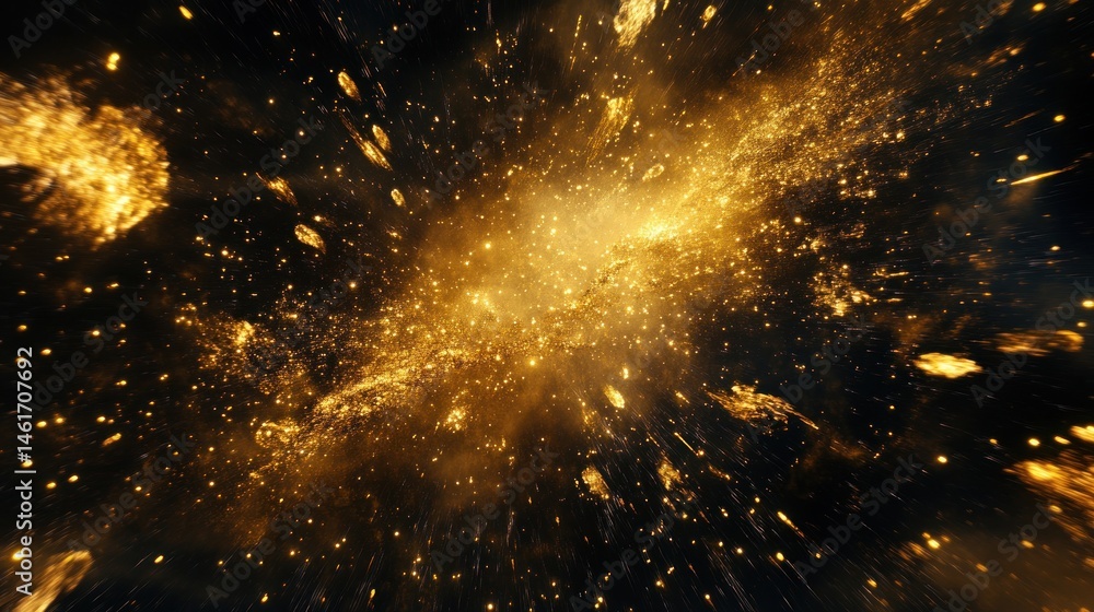 Poster abstract golden particles exploding in dark space.
