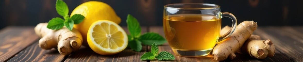 Warm ginger lemon tea, honey, mint Black wood background , top view, still life, wooden background