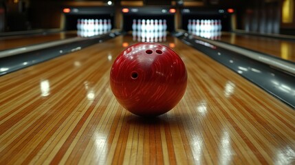 Red bowling ball centered on bowling lane.  Wooden lanes, pins in background