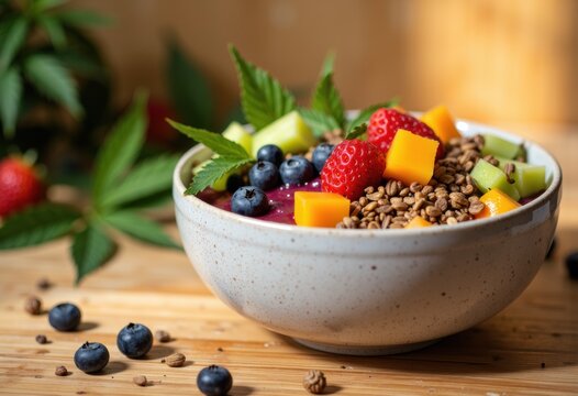 Fresh mixed fruit and granola bowl with blueberries, strawberries, and mango slices - Powered by Adobe
