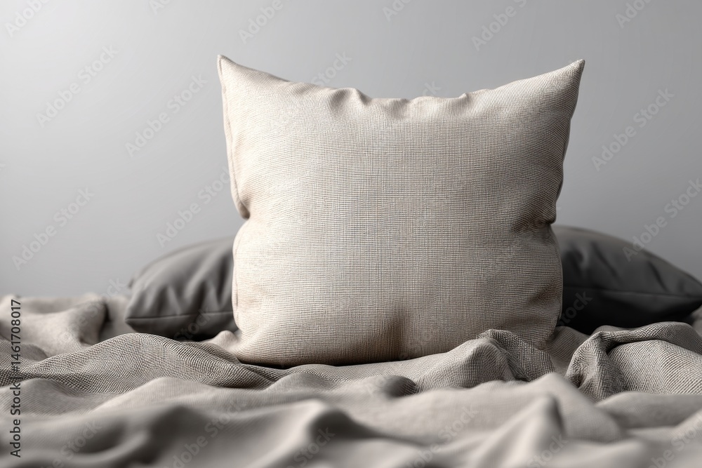 Poster close-up of a cozy bed with pillows and a textured blanket in neutral tones, creating a relaxing and