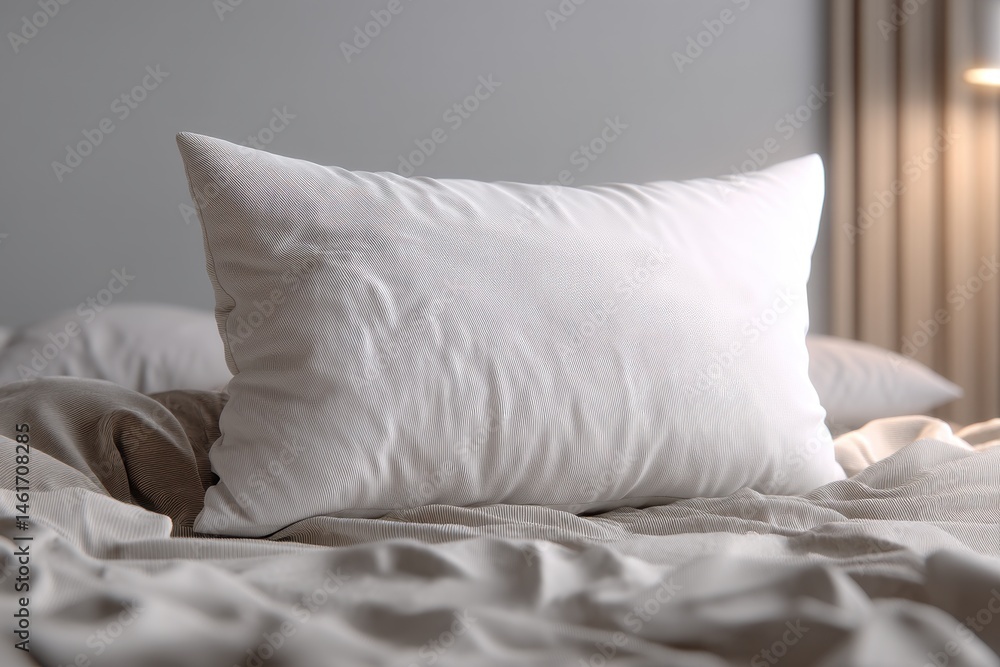 Poster a pristine white pillow resting on a rumpled bed with textured linens in a muted color palette creat