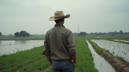 A farmer surveys his flooded fields