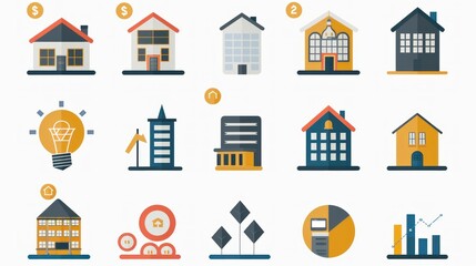 Set of flat-style commercial real estate icons on white background stock photo --ar 16:9 --raw --v 6 Job ID: fa0cc719-4e0b-4b5c-a6f2-9fbdfd5da039
