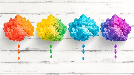 Four colorful clouds resembling paint explosions drip matching colored drops against a white wooden background