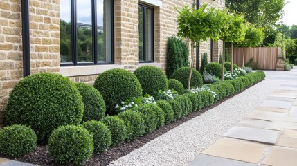 Obraz premium Lush Green Landscape Design Featuring Round Shrubs, Decorative Gravel Pathway, and Modern Architecture in a Contemporary Garden Setting