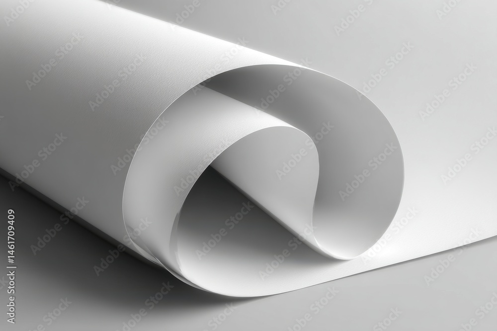 Poster a minimalistic close-up shot of a smooth, white paper roll unfurling gently, creating soft curves an