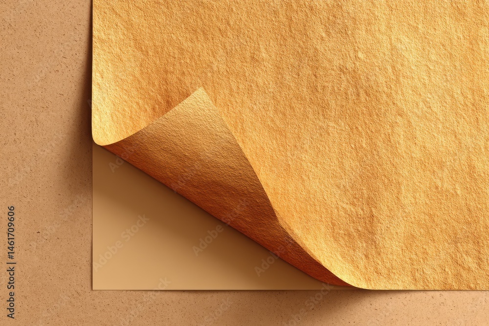 Poster abstract background with brown paper sheet with a rolled up edge, revealing a smooth, light brown su
