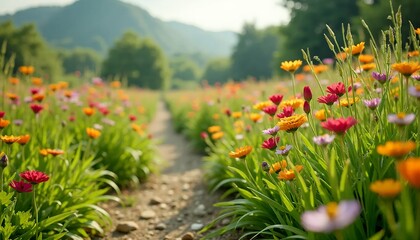 Obraz premium Colorful-flower-field-pathway-mountain-view-nature-photography
