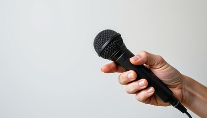 Close-Up of a Person Holding a Sleek Black Microphone in Hand