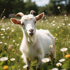 Obraz premium young white goat standing in wildflower field under sunlight, representing innocence, qurbani sacrifice, and islamic tradition in eid ul adha celebrations