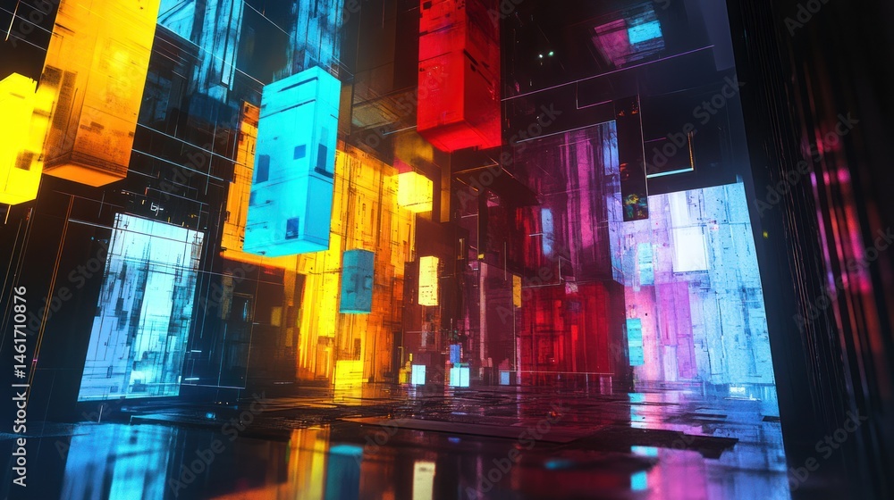 Poster abstract vibrant 3d rendering of colorful glowing cubes and lines in a futuristic digital space.
