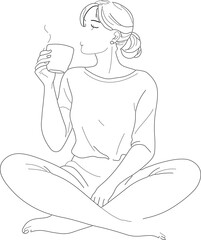 woman in relax position with sipping , minimalist, black on white background line art illustration