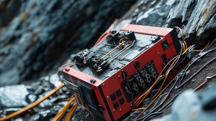 Fototapeta premium Futuristic Red Device Crashed on Rocky Terrain, Close-up