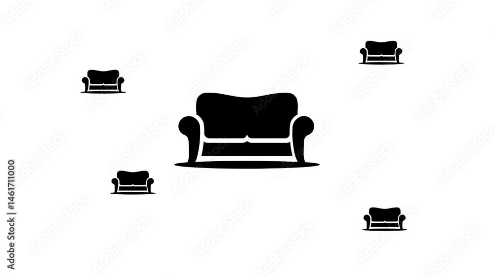 Poster zoom in and out animation the sofa symbol. large black symbol in the center and four small symbols a