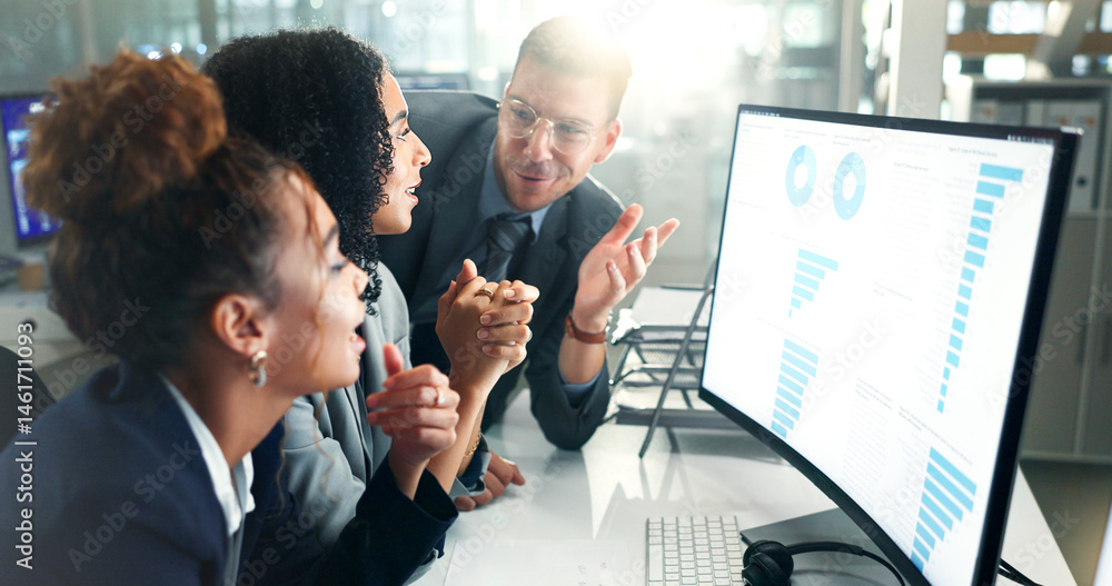 Poster Computer screen, graph or business people in office meeting for data analytics, finance or sale profit discussion. Startup, solution or accounting team with chart, statistics or website traffic check