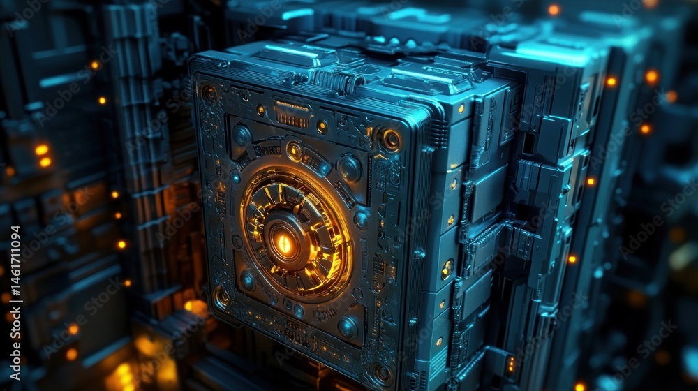 Poster futuristic metallic cube with intricate details and glowing core.