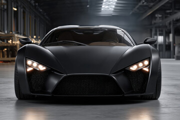 Naklejka premium A sleek, matte black sports car sits in a modern garage, its headlights illuminating the scene, showcasing its powerful and aerodynamic design with precision detailing.