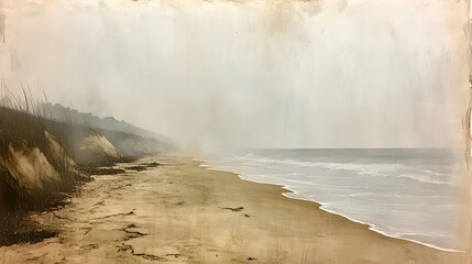 Misty coastal beach scene