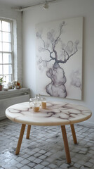 Modern studio with abstract art and round table