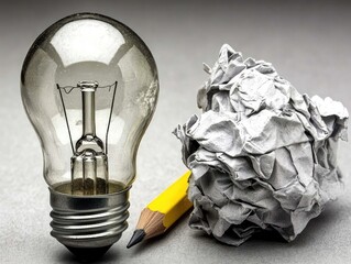 Illuminating ideas, crumpled notes, and a pencil.  A lightbulb and crumpled paper represent creativity and discarded ideas