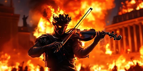  nero playing fiddle, burning rome in background 