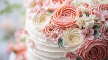 Elegant pink and white buttercream cake decorated with beautiful roses and flowers food sweet tasty
