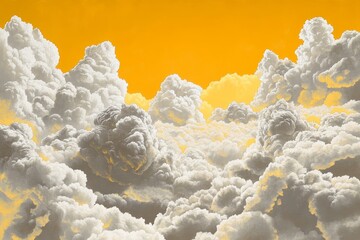 Dense, cumulus clouds against a vibrant orange sky.