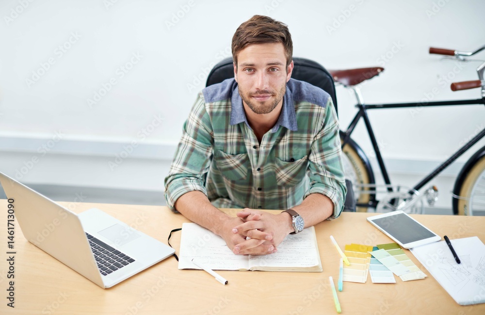 Poster portrait, business and man with laptop in office for research, information and writing document for 