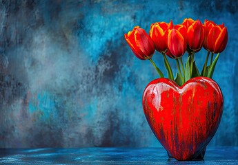 Red heart-shaped vase holding vibrant orange-red tulips against a textured blue background