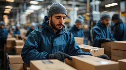 Focused Worker in a Busy Warehouse, Carefully Handling Packages