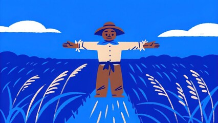 Fototapeta premium Illustration of scarecrow in field of wheat farm agriculture harvest season , hand drawing.