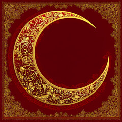 Ornate Golden Crescent Moon with Islamic Calligraphy and Floral Design on Red Background