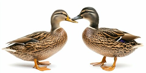Obraz premium Ducks interacting gently, real old duck breeds, isolated on white.
