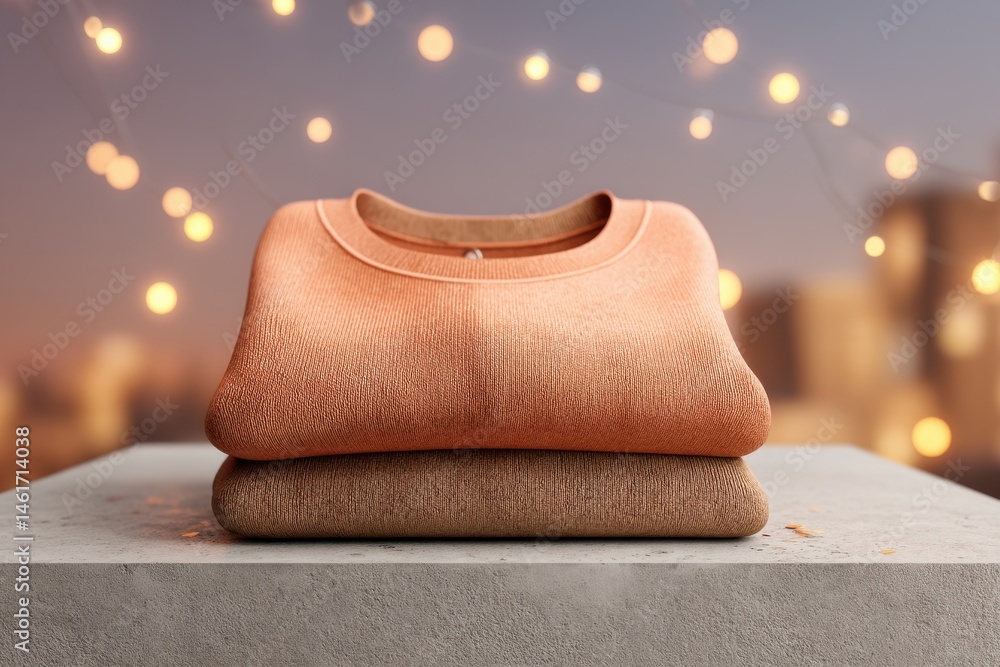 Poster close-up shot capturing two folded sweaters in a warm, inviting setting, illuminated by soft, diffus