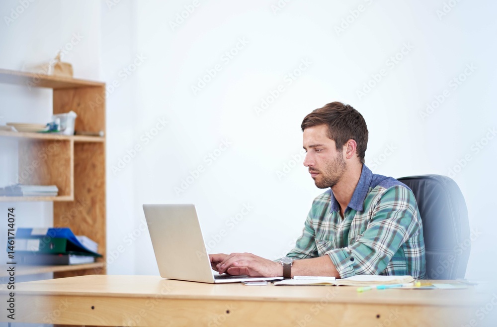 Poster Programmer, laptop and communication with office, research and creative work for entrepreneurship. Web designer, technology and website for blogging, email and networking for small business startup
