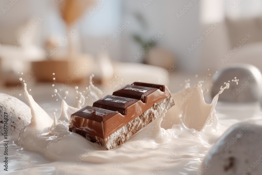 Poster a delightful milk chocolate bar dramatically splashing into creamy milk, creating dynamic white wave